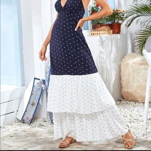 NWOT Halterneck nautical print colorblock Layered Floor Length Flowy Maxi Dress